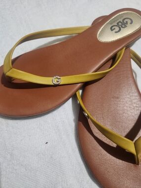 GBG Los Angeles Brown Footbed Yellow Strap Flip Sandals with Crystal G Accent